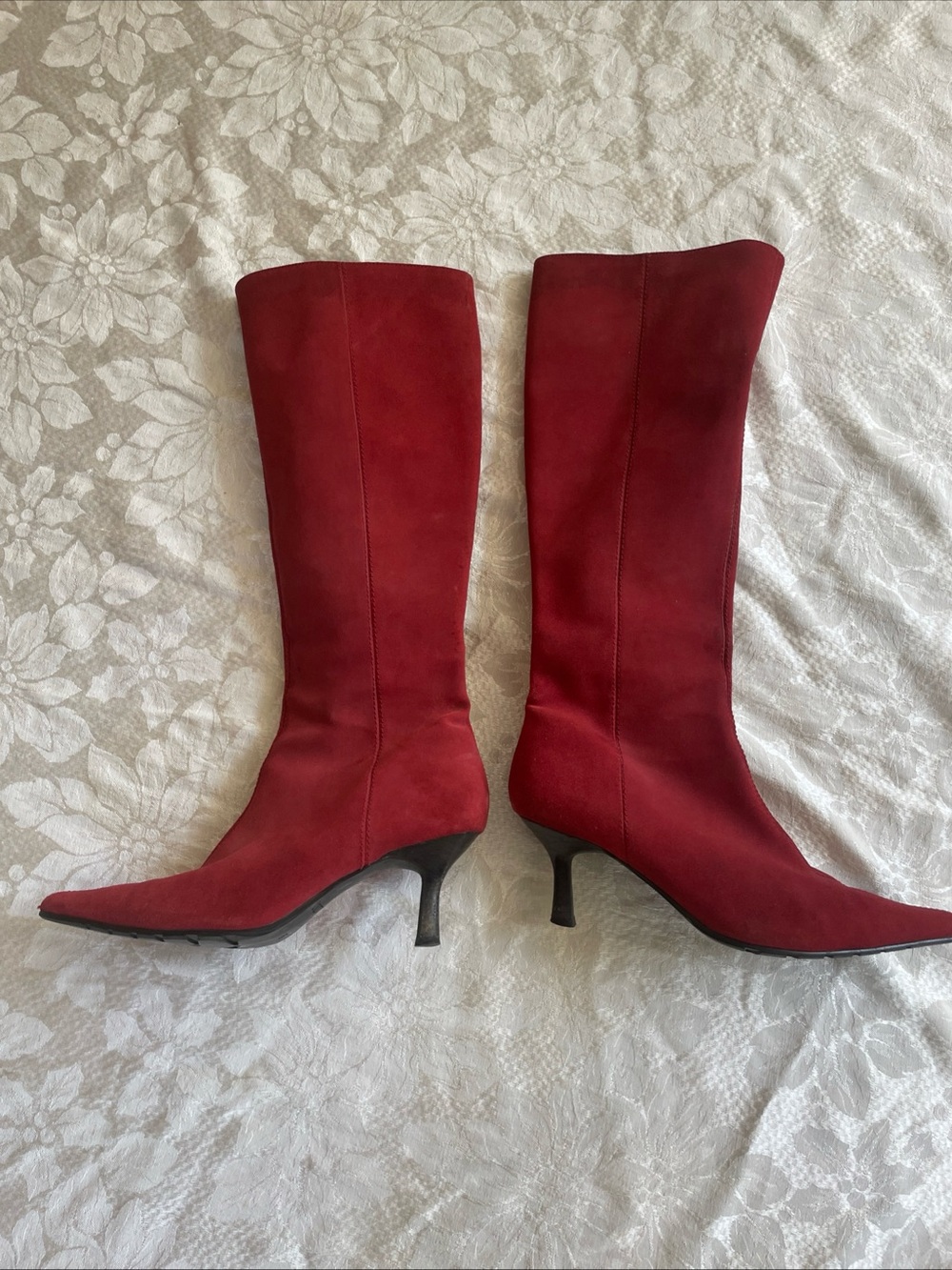PAZZO Red Suede Knee-High Pointed-Toe Heeled Boots